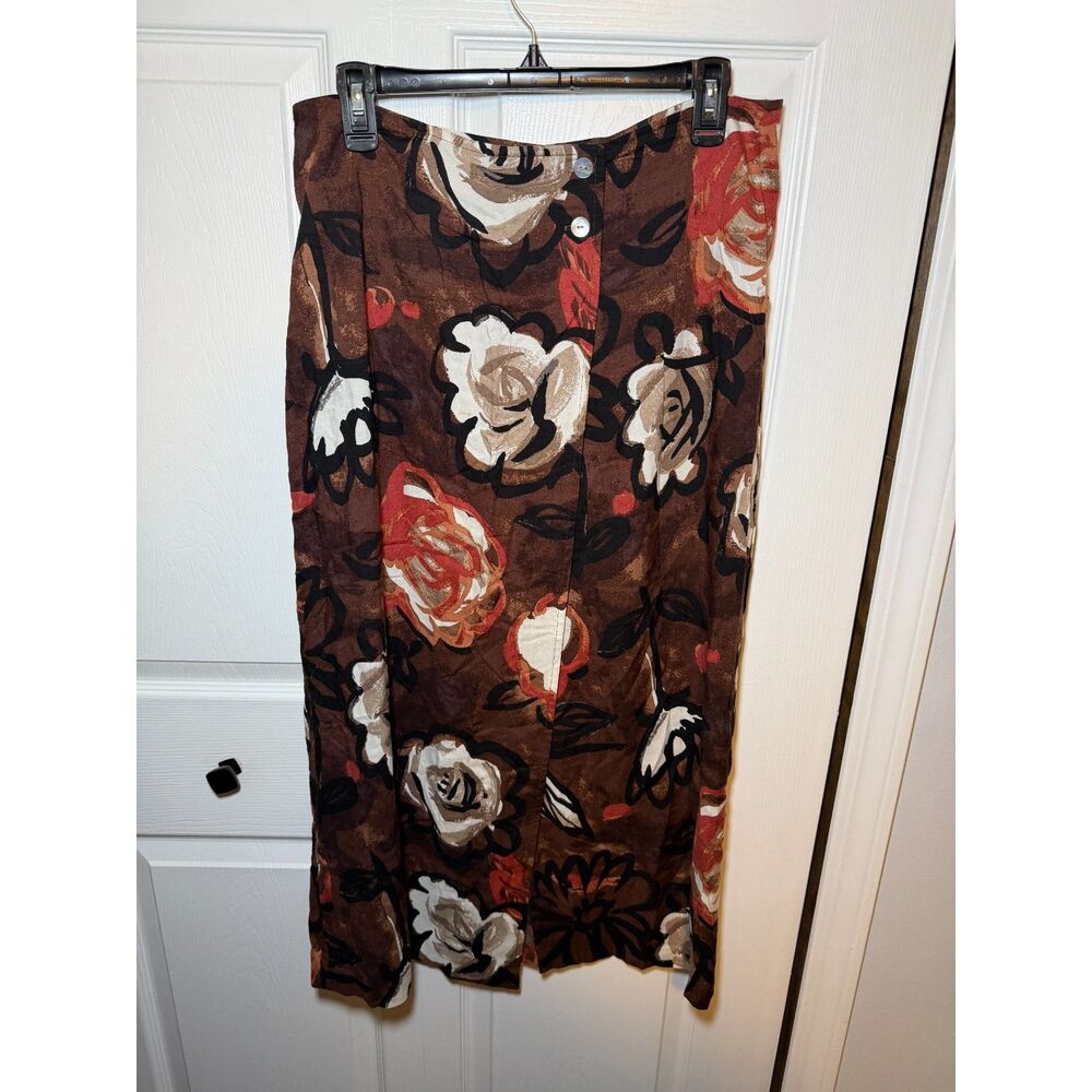 Vintage Blue Floral Rayon Midi Skirt Brown Size 12 Made in USA Vintage